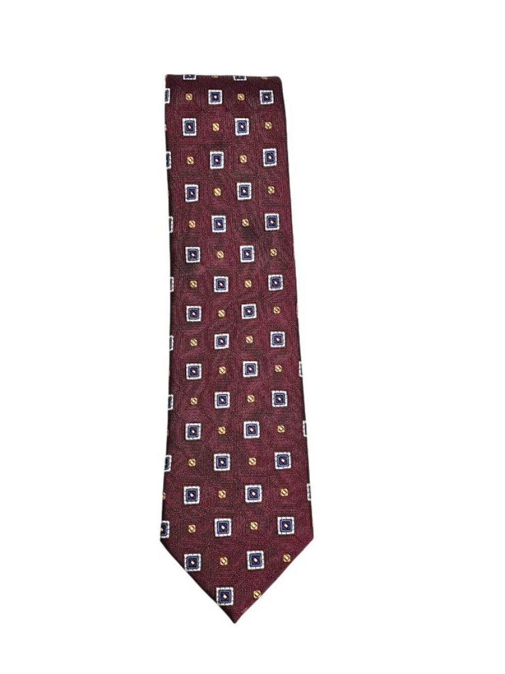 JOS A BANK 100% Silk Tie Necktie DARK RED BLUE GOLD SILVER Geometric Print 60"